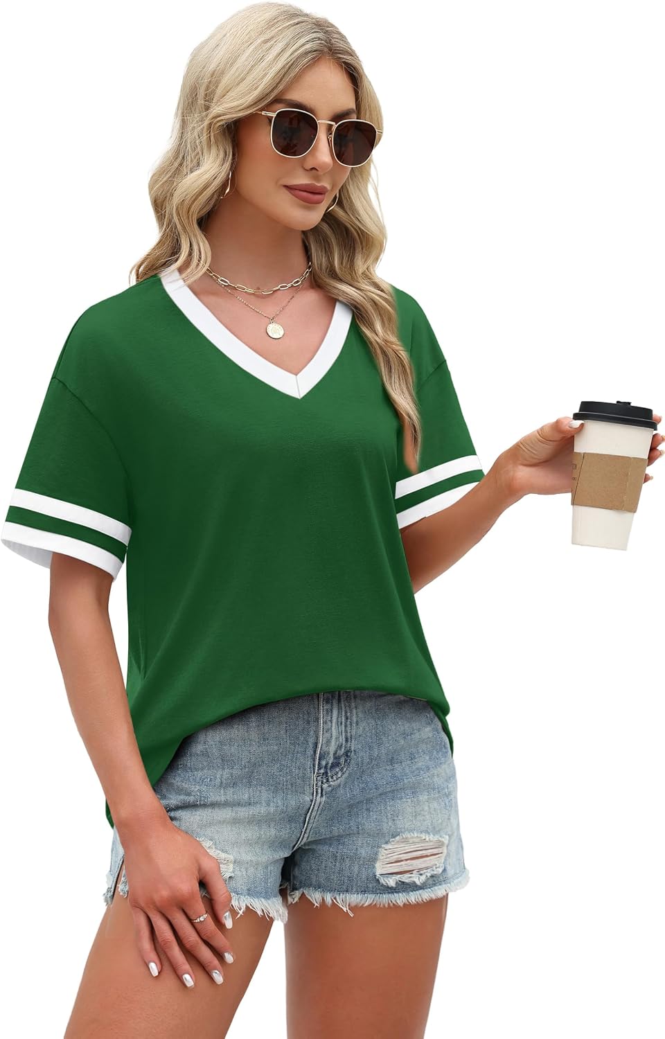 Womens T Shirts Loose Fit Short Sleeve Tees V Neck Color Block Summer Tops 2026 Fashion S-4XL