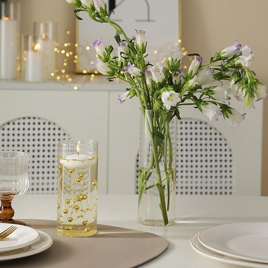 Set of 6 Glass Cylinder Vases for Centerpieces with 4 Pack Vase Filler 6 Pearl String 12 White Floating Candles for Centerpieces, Center Pieces for Table Wedding Party Home Decor 5, 6, 8 Inch
