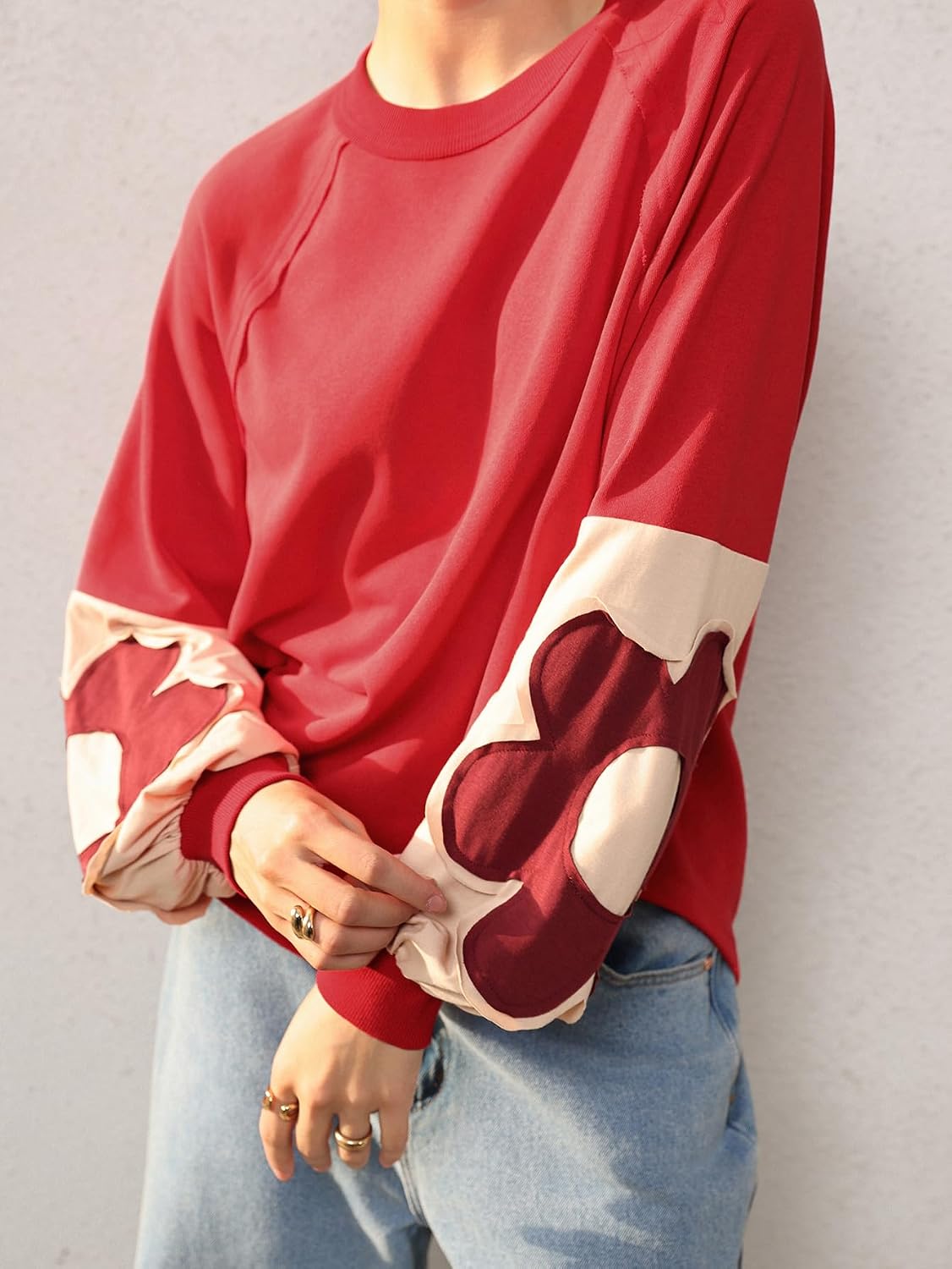 BEAUDRM Women's Oversized Sweatshirt Boho Tops Patchwork Crewneck Sweatshirt Floral Long Sleeve Pullover Tops