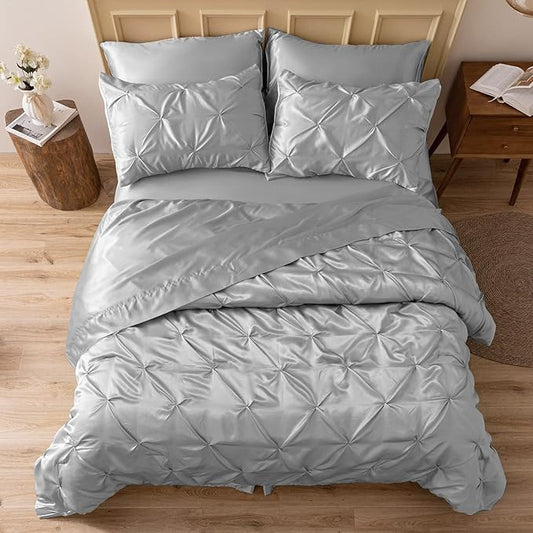 MR&HM Satin Comforter Queen 7 Pieces - Luxurious Pinch Pleat Bedding Set with Comforter, Flat Sheet, Fitted Sheet, Pillowcases & Shams, Super Silky Soft Bed Set for All Season (Queen, Silver Grey)