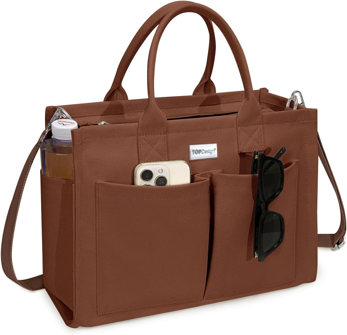 TOPDesign Heavy-Duty Canvas Tote Bag for Women, Adjustable Crossbody/Shoulder Handbag with 9 Pockets, Everything Tote