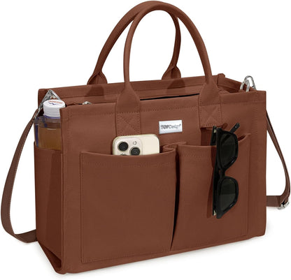 TOPDesign Heavy-Duty Canvas Tote Bag for Women, Adjustable Crossbody/Shoulder Handbag with 9 Pockets, Everything Tote