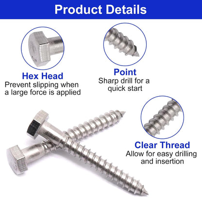 3/8" X 3-1/2" Hex Lag Screws, 304 Stainless Steel Lag Screws Bolts for Wood (16PCS, Black)