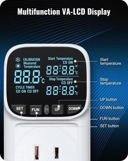 Digital Temperature Controller Outlet (Does Not Include Sensor Wire), 15A/1800W Heavy Duty Thermostat Plug, VA LCD Display, Heating/Cooling Control, -40°F~210°F, 4 Timer Modes, for Greenhouse Incubator Homebrew W01TC06