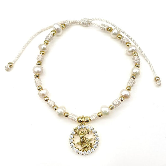 St Michael Archangel Pendant Medal on Adjustable Ivory Cord and Freshwater Pearls Wrist Adjustable Bracelet (Ivory)