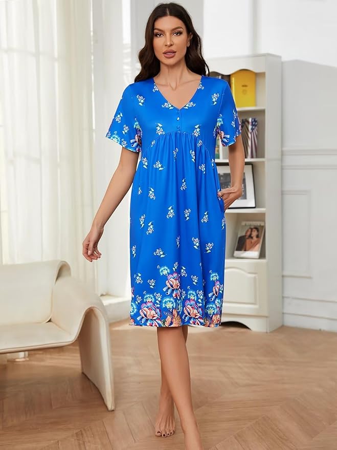 Womens House Dress Floral Print Nightgown with Pockets Mumu Dress S-3XL