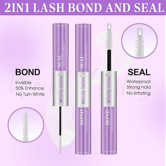 Lash Glue Bond and Seal for DIY: 1-Pcs, Wendy, 2 in 1, Strong & Flexible Hold, 5ml Clear-Bond, 5ml Clear-Seal