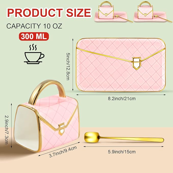 Zubebe 4 Sets Coffee Mug Elegant Handbag Shaped Cup Modern Ceramic Purse Mug with Spoon and Saucer, 10oz Cute Creative Tea Cup for Office Home Woman Girls Gift (Pink)