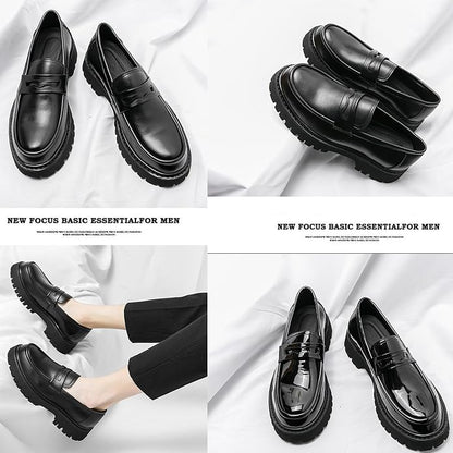 Men's Leather Platform Chunky Slip-On Penny Loafers Classic Round Toe Lug Sole Business Casual Formal Work Shoes