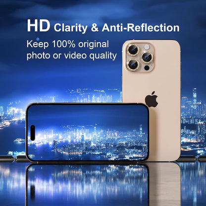 Misea Compatible for iPhone 16 Pro/iPhone 16 Pro Max Camera Lens Protector Bling, 9H Tempered Glass Camera Cover Screen Protector Metal Individual Ring Protector Decoration Accessories, Gold Glitter