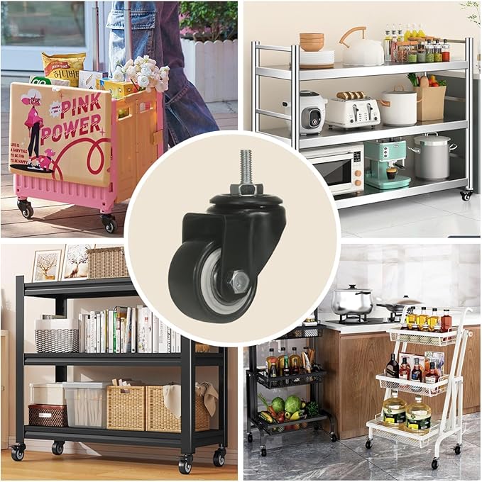 ZIIYAN 1.5 inch Stem Caster Wheels, Black Threaded Stem Caster Wheel?M6 x 15mm PU No Noise Swivel Castors with 360 Degree Rotation, Pack of 4 (One with Brake)
