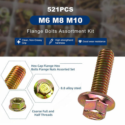 521PCS Nuts and Bolts Assortment Kit - Heavy Duty Grade 8.8 Metric M6 M8 M10 Bolt Set ( Specification are all correct but different brand from the picture )