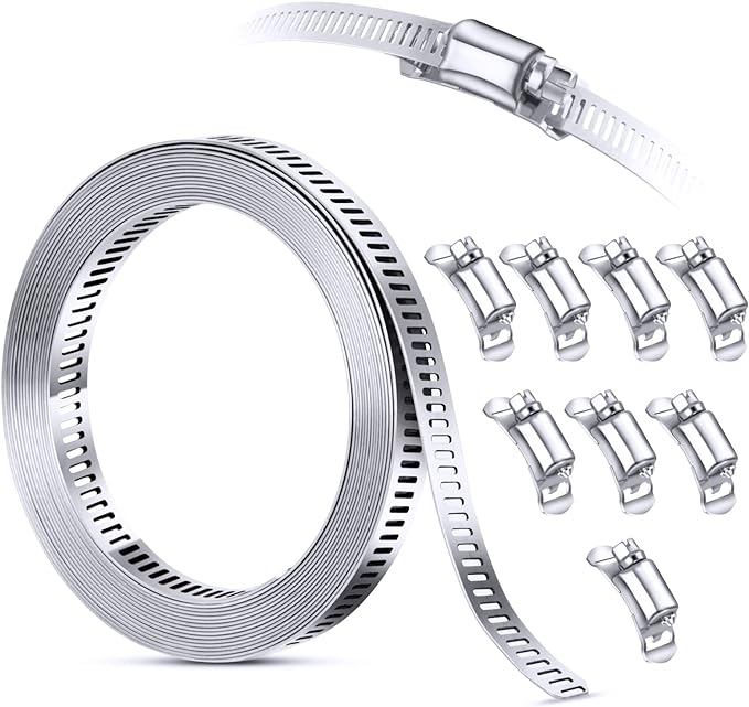 304 Stainless Steel Hose Clamp Assortment Kit DIY, Cut-To-Fit 12 FT Metal Strap8 Stronger Fasteners,Large Adjustable Worm Gear Band Hose Clamps Screw Clamps Duct Pipe Metal Clamp Strapping