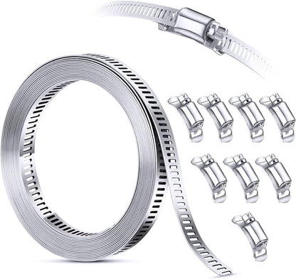 304 Stainless Steel Hose Clamp Assortment Kit DIY, Cut-To-Fit 12 FT Metal Strap8 Stronger Fasteners,Large Adjustable Worm Gear Band Hose Clamps Screw Clamps Duct Pipe Metal Clamp Strapping