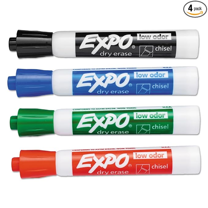 EXPO Low Odor Dry Erase Markers, Chisel Tip, Basic Assorted, 4 pk
