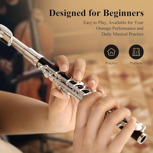 Eastar Piccolo Instrument for Beginners Students, Key of C Piccolo Flute, Resin, with Hard Case, Cleaning Rod, Cloth, Swab and Gloves, 2-Piece, Silver Plated Piccolo, Black, EPC-3S