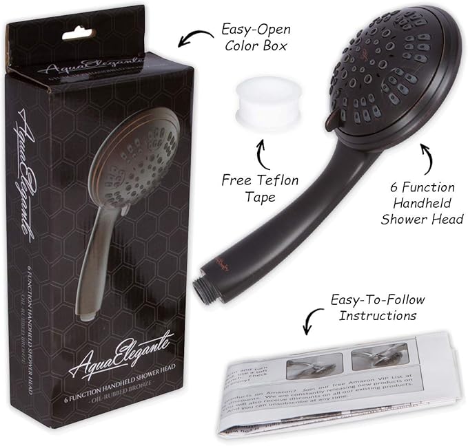 Aqua Elegante 6 Function Luxury Handheld Shower Head - Adjustable Pressure Rainfall Spray With Removable Nozzle, Oil-Rubbed Bronze