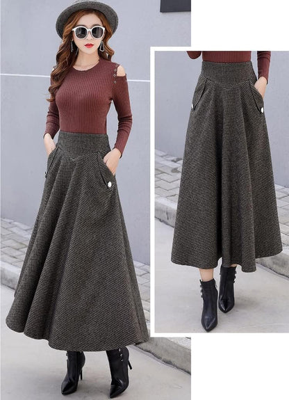 Kinghua Womens Wool Plaid Skirt Fall Winter High Waisted Bodycon Pencil Skirt.