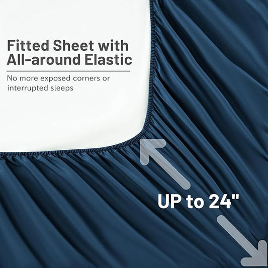 MEISHANG Extra Deep Pocket Cotton Sheets Queen Size, Fits 18"-24" in Deep Mattress, 100 Egyptian Cotton 800 Thread Count, Hotel Style Percale Sheet - Navy