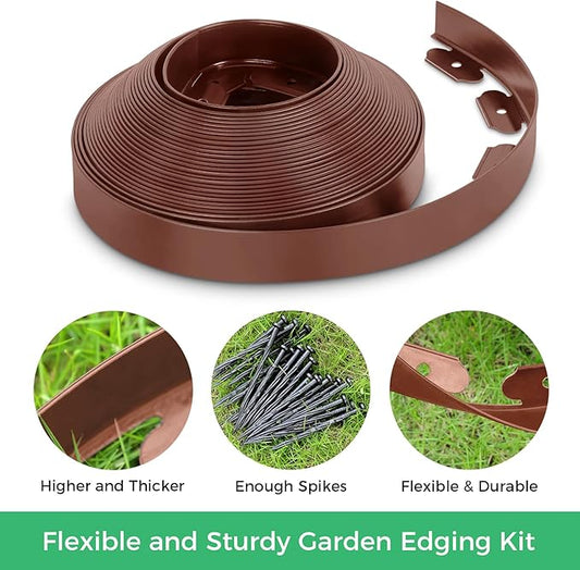 2 Inch x 66FT Landscape Edging Border with 100 Spikes, Garden Edging Lawn Edging Border Kit, Plastic Edging Border Flexible for Garden Flower Beds Lawn Yard Pathway (Brown)