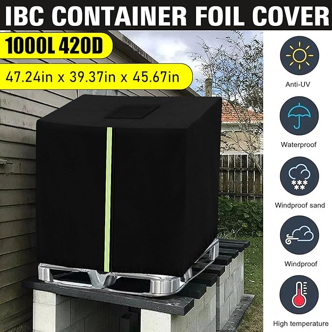 IBC Tote Cover for 275 Gallon (1000L), Outdoor IBC Ton Barrel Cover,Rain Barrel Cover,Water Tank Protective Covers, Waterproof ,420D Oxford Black, 47.345.739.4inch