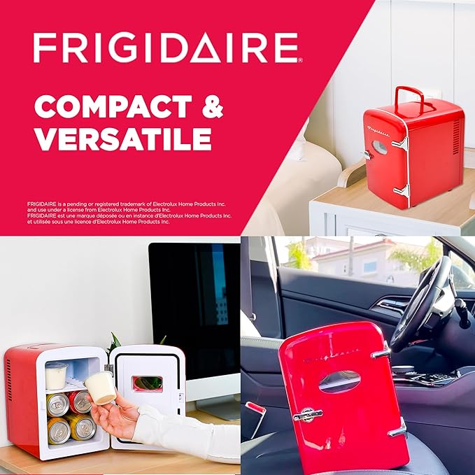 Frigidaire EFMIS129-RED_CP4 Mini Personal Fridge Cooler, 1 Gal Capacity fits Six Cans, Includes Plugs for Home Outlet & DC Charger-9.84" D x 7.09" W x 10.35" H, standard