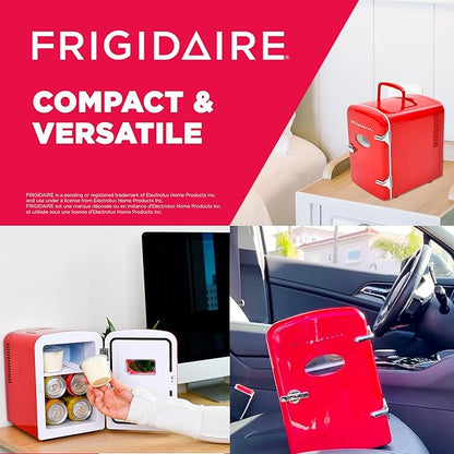 Frigidaire EFMIS129-RED_CP4 Mini Personal Fridge Cooler, 1 Gal Capacity fits Six Cans, Includes Plugs for Home Outlet & DC Charger-9.84" D x 7.09" W x 10.35" H, standard