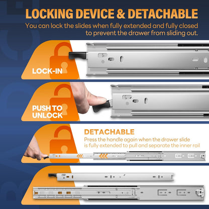 1 Pair Heavy Duty Locking Drawer Slides with Lock 12 14 16 18 20 22 24 26 28 30 32 34 36 38 40 Inch 150 lb Load Capacity Side Mount Full Extension Ball Bearing Rail Runner?with Lock,14 inch?