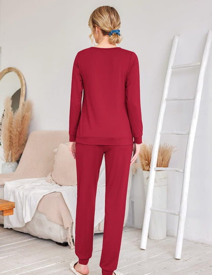 Womens Jogger Pajama Sets Long Sleeve Sleepwear Round Neck Nightwear Soft Pjs Lounge Sets with Pockets