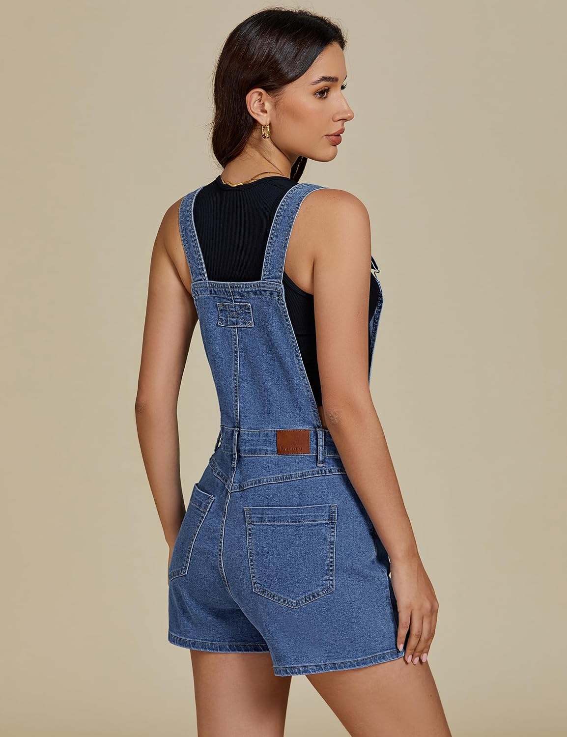 luvamia Jean Short Overalls for Women Baggy Adjustable Straps Bib Stretchy Denim Overall Jumpsuits Shortalls with Pockets