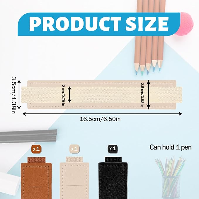 3 PCS Elastic Band Pen Holder for Notebook, PU Leather Pencil Holder Loop, Adjustable Pens Sleeve Pouch for Journal, Office Books School (Black, Beige, Brown)