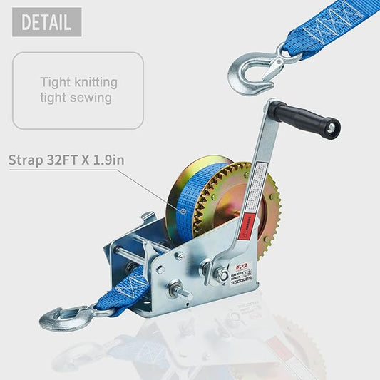 OPENROAD Boat Winch 3500lbs Hand Winch, with 32ft Blue Strap and 2 Speed switchable, for Boat Trailer Towing Winch