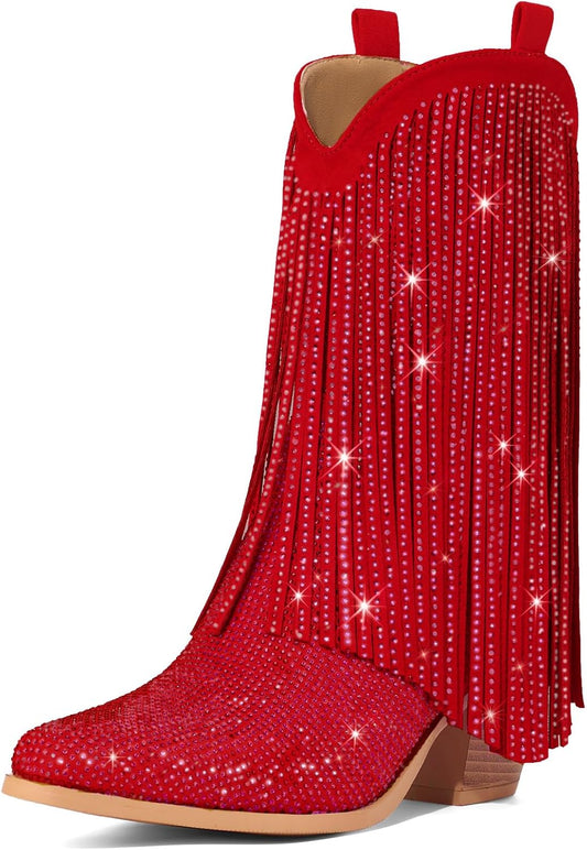 Rollda Rhinestone Cowboy Boots for Women, Sparkly Cowgirl Boots with Pointed Toe, Fringe Womens Western Boots Chunky Heel for Concert Dancing Party Music Festivals