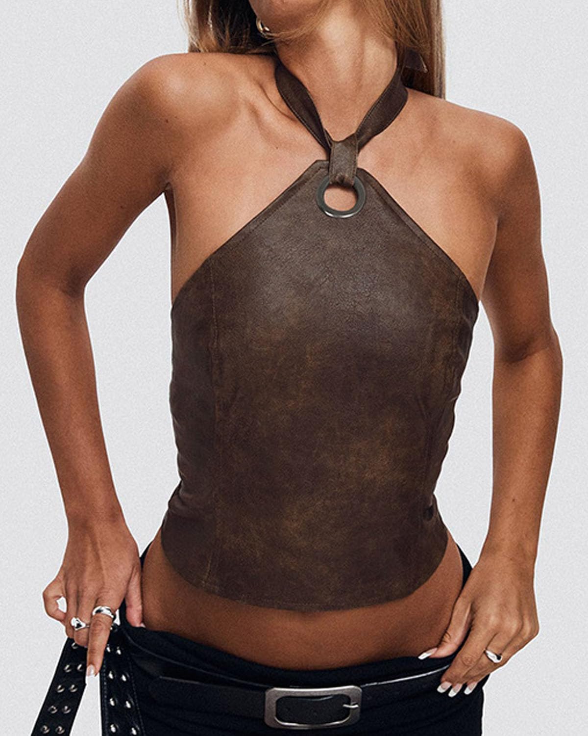 Women Y2K PU Leather Backless Ring Halter Tank Top Trendy Sleeveless Off Shoulder Lace Up Back Crop Cami Clubwear
