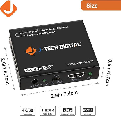 J-Tech Digital 4K 60Hz HDMI Audio Extractor Converter SPDIF  3.5MM Output Supports HDMI 2.0, HDCP 2.2, 1080P120Hz, 1080P144Hz, Dolby DigitalDTS Passthrough CEC, HDR10 JTD18G-H5CH