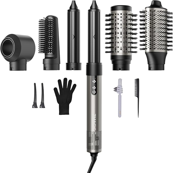 7MAGIC Hair Dryer Brush  6 in 1 Hair Styler, Silver, 110 Volts, 1200 Watts, Ionic Technology, Fast Drying, Multi Styler for Straight, Wavy, Curly, and Coily Hair