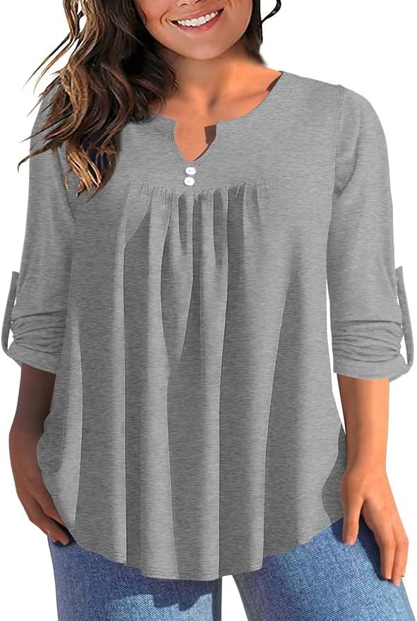 AMCLOS Womens Tops Plus Size V Neck T-Shirts Blouses Casual Flowy Pleated Floral Tunic Long Roll Tab Sleeves