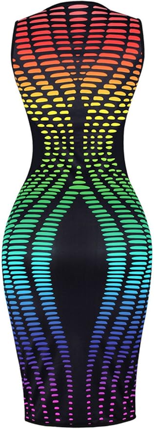 Women's Sexy V-Neck Party Dresses Sleeveless Stripe Print Bodycon Midi Club Dress