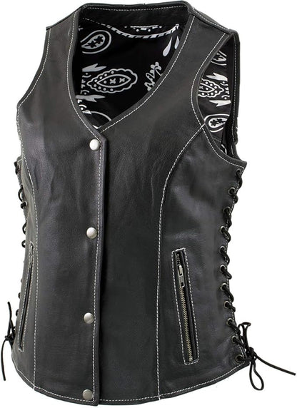 XS1029 Women's 'Paisley' Black Motorcycle Leather Vest with Side Lace Adjustment