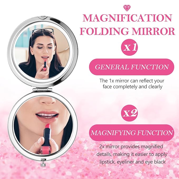 Maitys Compact Mirror Bulk for Purses Small Cosmetic Folding 2.75 Inch Round Diamond Bling 1X 2X Magnifying Pocket Makeup Mirror for Women Wedding Gift, Pink Silver