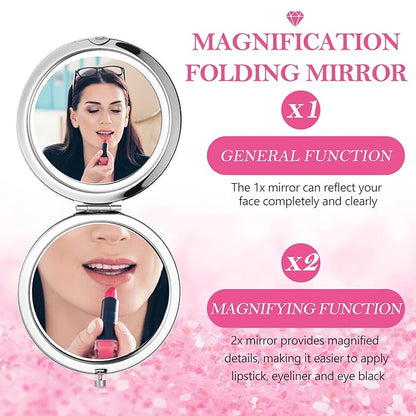 Maitys Compact Mirror Bulk for Purses Small Cosmetic Folding 2.75 Inch Round Diamond Bling 1X 2X Magnifying Pocket Makeup Mirror for Women Wedding Gift, Pink Silver