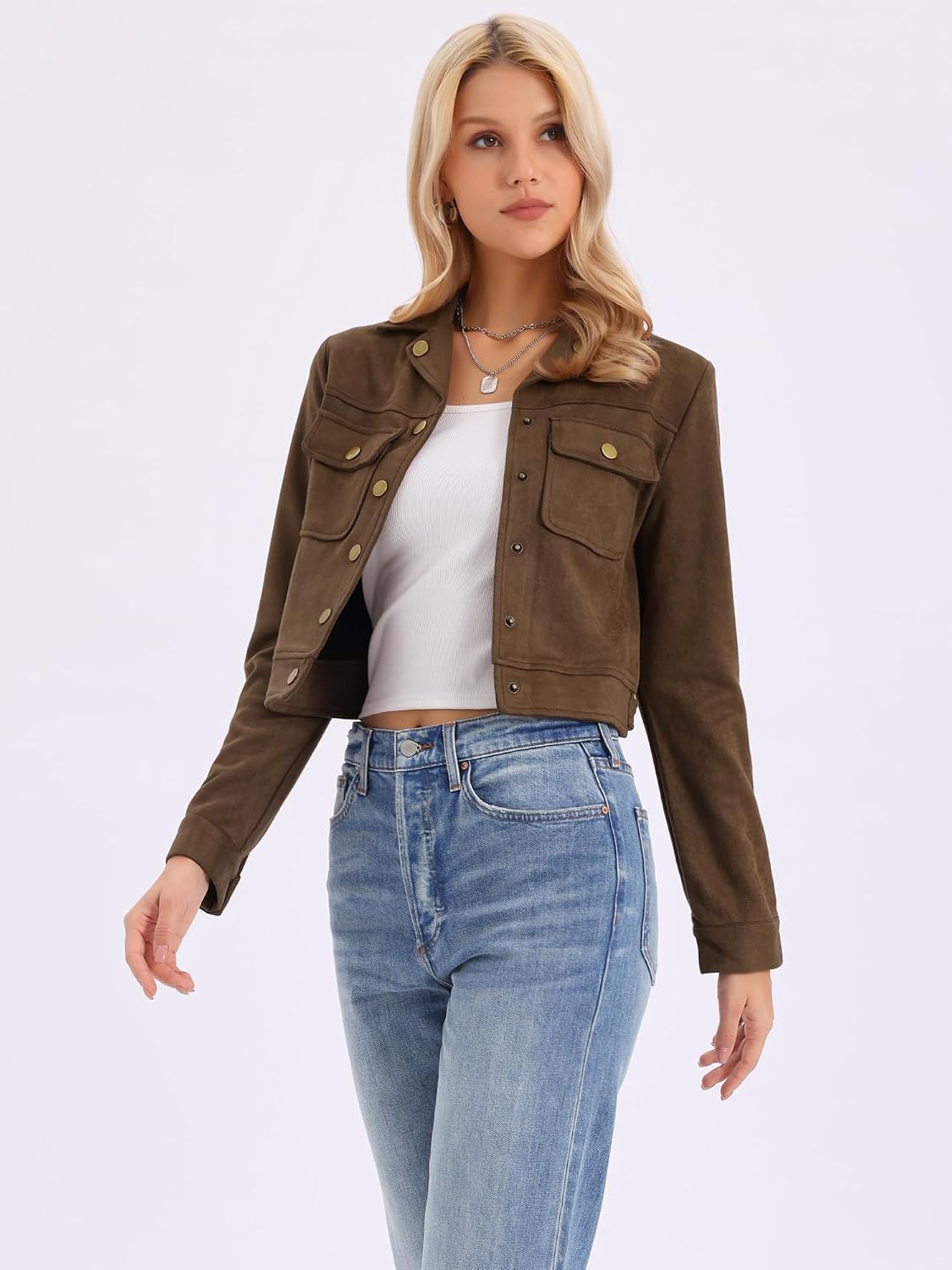 Allegra K Women's Faux Suede Jacket Button Down Collar Pockets Crop Moto Biker Coat
