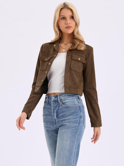 Allegra K Women's Faux Suede Jacket Button Down Collar Pockets Crop Moto Biker Coat