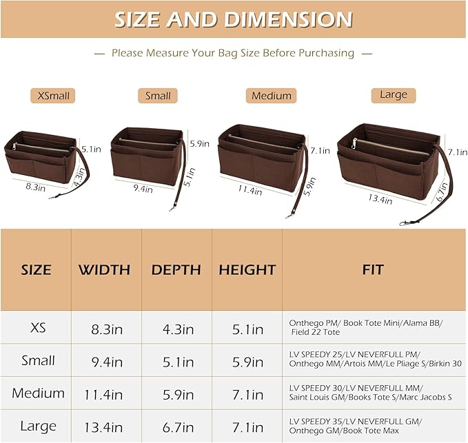 Surblue Purse Organizer Insert for Handbags, Felt Bag Organizer, Tote Bag Organizer, Tote Shaper Insert With Zippers, Thicken and Portable Handbag in Bag for Speedy Neverfull PM MM, (Brown, S)