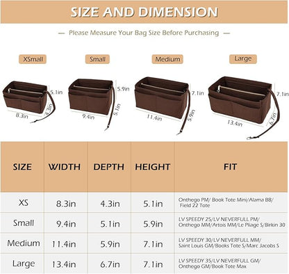 Surblue Purse Organizer Insert for Handbags, Felt Bag Organizer, Tote Bag Organizer, Tote Shaper Insert With Zippers, Thicken and Portable Handbag in Bag for Speedy Neverfull PM MM, (Brown, S)