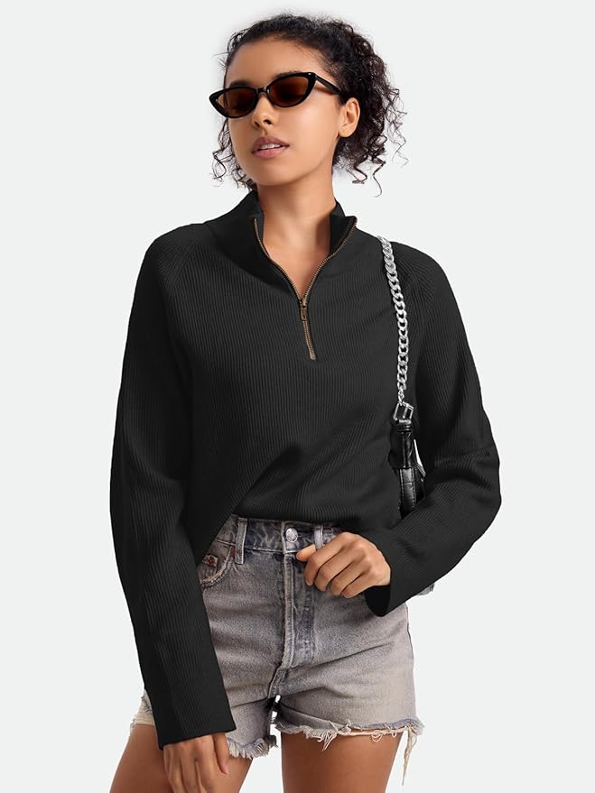 ZANZEA Quarter Zip Pullover Women Long Sleeve Knit Sweater V Neck Fall Tops Fashion Clothes 2024