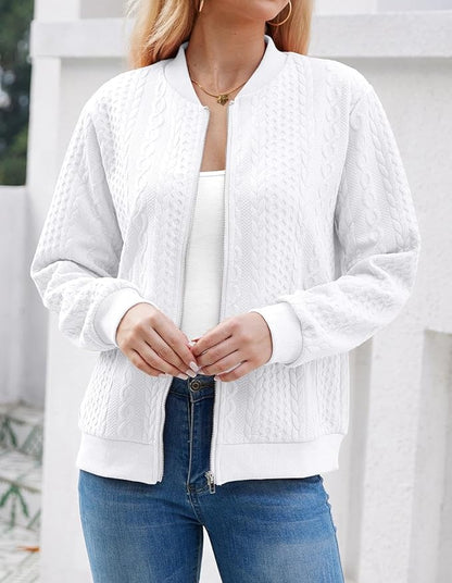 Women's Zip Up Cardigan Sweater Cable Hoodies Long Sleeve Jacket Outfits Crewneck Casual Coat