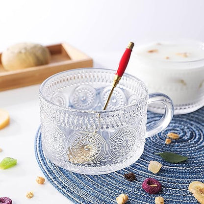 RAZURE Vintage Glass Coffee Mug Milk Cup, Clear Embossed Breakfast Cups Oats Containers, Drinking Glass Cups Gift for Women Office Personal(Clear 400ml)