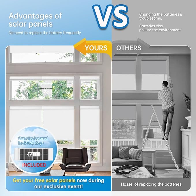 DENFOON Motorized Blinds with Remote,Thermal Electric BlindsSolar Panel,Customizable Automatic Roller Shades, Blackout Remote Control Blinds for Windows Upgrade to Smart Blinds, White,20" W x 72" H