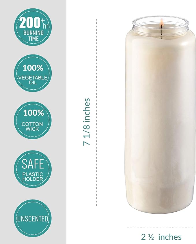 Rambue 9 Day Prayer Candles, 2 Pack - 7 White Memorial Candle for Shiva, Religious Ceremony, Party, Emergency Candles - Long Burning Vegetable Wax in Plastic Jars